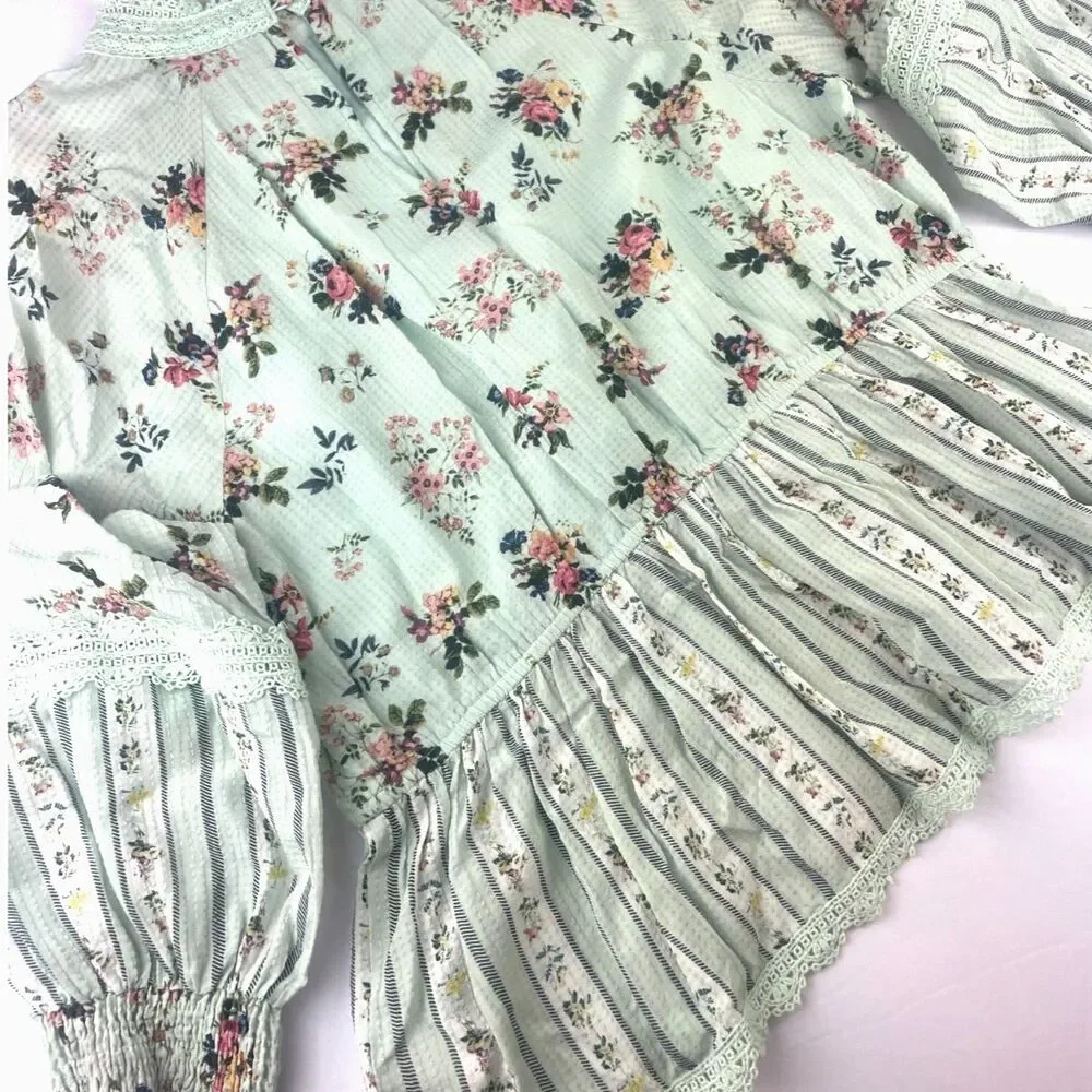 ~ Anthropologie XL Hemant & Nandita Blouse Floral Mint Lace Aqua Green Elastic - Picture 4 of 16